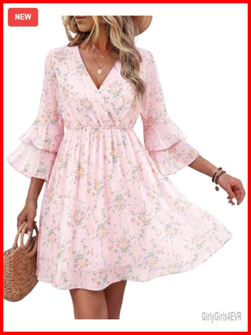 Womens Chiffon Floral Wrap Maxi Dress Ruffle Sleeve Casual